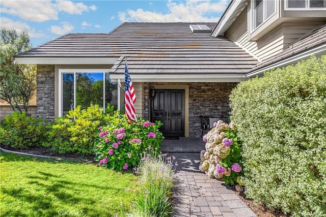 21210 Twin Oak, Yorba Linda, CA 92886 - doorway to property with a yard, covered porch, and stone siding