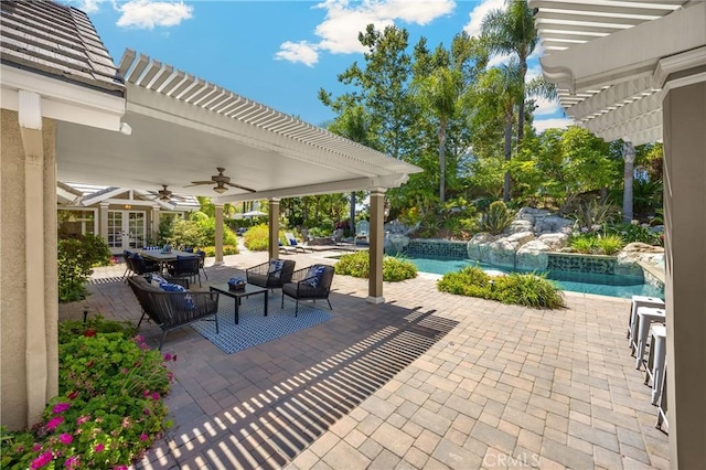 21210 Twin Oak, Yorba Linda, CA 92886 - view of patio / terrace featuring a pergola, french doors, an outdoor pool, ceiling fan, and an outdoor hangout area