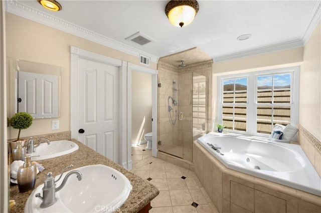 21210 Twin Oak, Yorba Linda, CA 92886 - bathroom with a shower stall, tile patterned flooring, a jetted tub, double vanity, and ornamental molding
