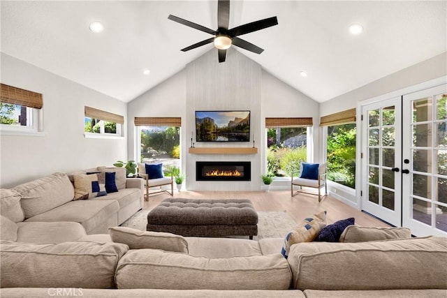 21210 Twin Oak, Yorba Linda, CA 92886 - living room with high vaulted ceiling, wood finished floors, a fireplace, a ceiling fan, and recessed lighting