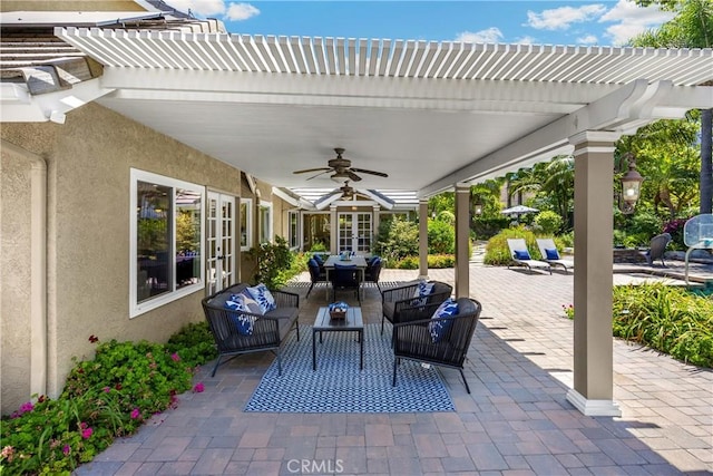 21210 Twin Oak, Yorba Linda, CA 92886 - view of patio / terrace with a pergola, french doors, ceiling fan, and an outdoor hangout area