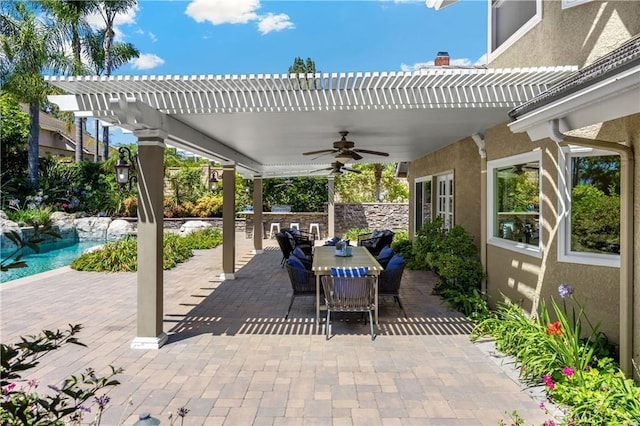 21210 Twin Oak, Yorba Linda, CA 92886 - view of patio with a ceiling fan, outdoor dining area, an outdoor pool, and a pergola