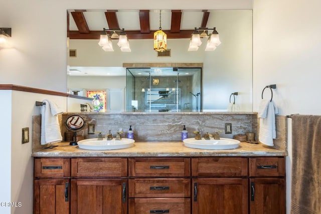 3626 Saint Elizabeth Rd, Glendale, CA 91206 - bathroom featuring backsplash, double vanity, beamed ceiling, and a stall shower