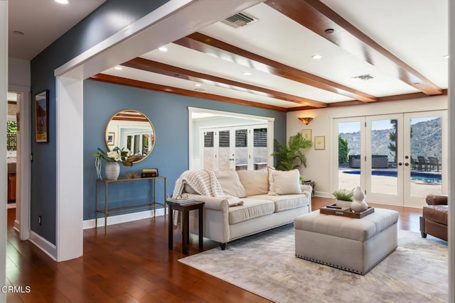 3626 Saint Elizabeth Rd, Glendale, CA 91206 - living room with french doors, wood finished floors, beamed ceiling, and recessed lighting