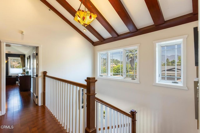 3626 Saint Elizabeth Rd, Glendale, CA 91206 - corridor with an upstairs landing, high vaulted ceiling, beamed ceiling, and dark wood-type flooring