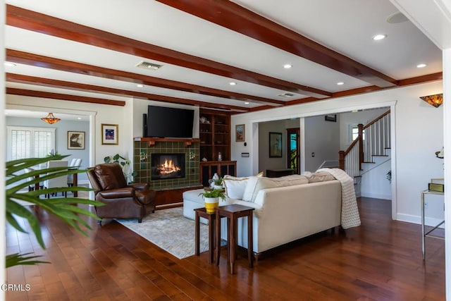 3626 Saint Elizabeth Rd, Glendale, CA 91206 - living room featuring wood finished floors, beamed ceiling, a fireplace, stairway, and recessed lighting