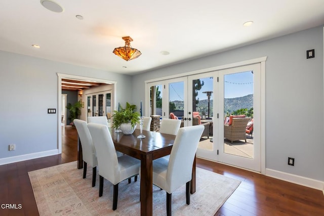 3626 Saint Elizabeth Rd, Glendale, CA 91206 - dining area with french doors, hardwood / wood-style floors, a mountain view, and recessed lighting
