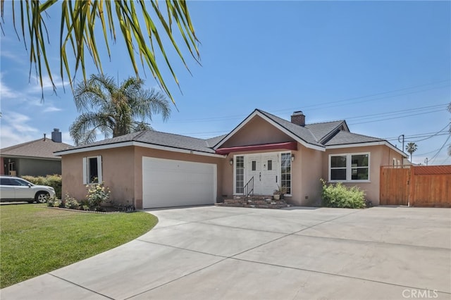 6515 Amigo Ave, Reseda, CA 91335 - ranch-style home featuring stucco siding, an attached garage, driveway, a chimney, and roof with shingles