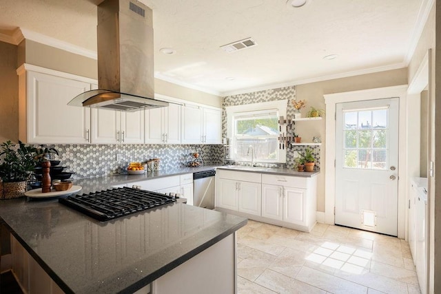 1396 N Ferger Ave, Fresno, CA 93728 - kitchen with island range hood, dishwasher, backsplash, cooktop, and white cabinets