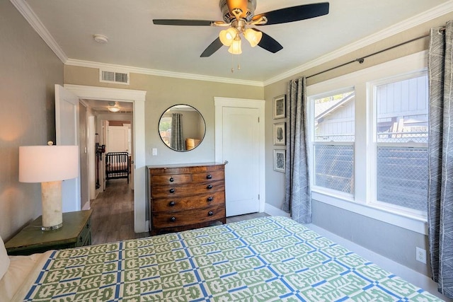 1396 N Ferger Ave, Fresno, CA 93728 - bedroom featuring crown molding, wood finished floors, and a ceiling fan