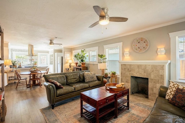 1396 N Ferger Ave, Fresno, CA 93728 - living room with ceiling fan, a tiled fireplace, crown molding, and hardwood / wood-style flooring