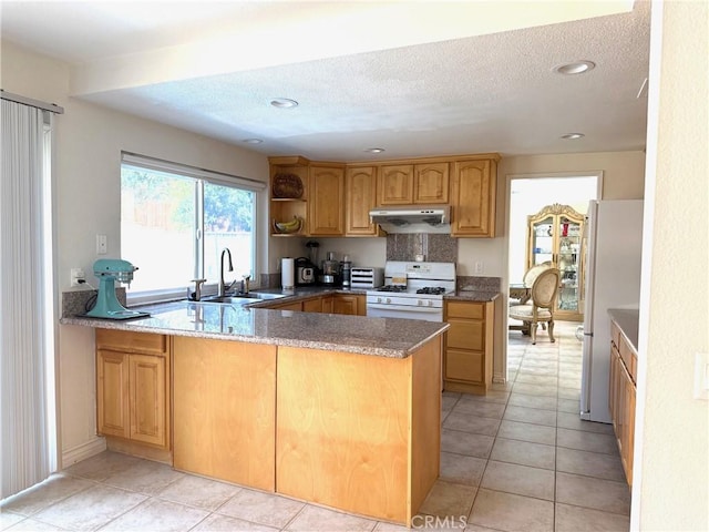 2227 Langspur Dr, Hacienda Heights, CA 91745 - kitchen with white appliances, a peninsula, under cabinet range hood, a textured ceiling, and light stone countertops