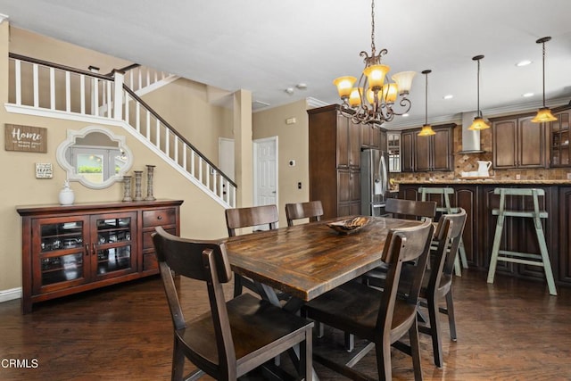 3328 Whispering Palms, Pico Rivera, CA 90660 - dining room featuring a chandelier, stairway, dark wood finished floors, and recessed lighting