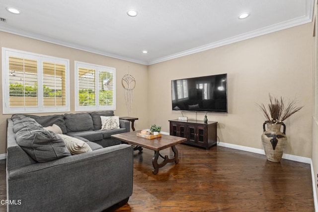 3328 Whispering Palms, Pico Rivera, CA 90660 - living room featuring ornamental molding, dark wood-style flooring, and recessed lighting