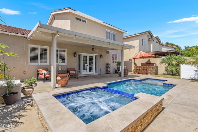 3328 Whispering Palms, Pico Rivera, CA 90660 - view of pool featuring french doors, a patio, ceiling fan, and a pool with connected hot tub