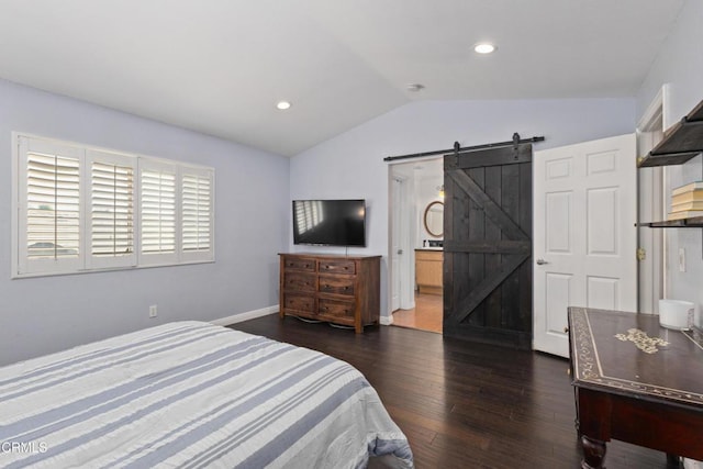 3328 Whispering Palms, Pico Rivera, CA 90660 - bedroom with a barn door, lofted ceiling, dark wood-style flooring, recessed lighting, and ensuite bath