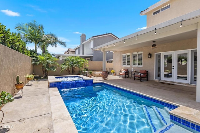 3328 Whispering Palms, Pico Rivera, CA 90660 - view of pool featuring french doors, a fenced backyard, a patio area, and a pool with connected hot tub