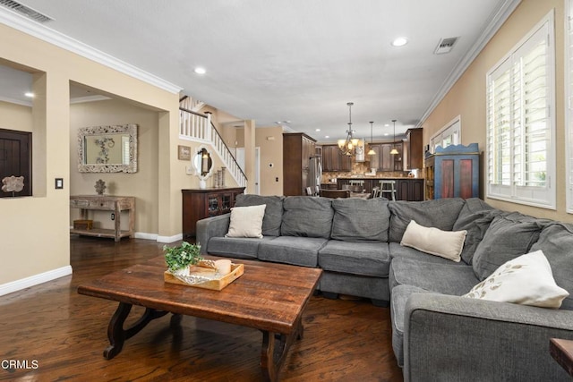 3328 Whispering Palms, Pico Rivera, CA 90660 - living area featuring a chandelier, ornamental molding, dark wood-style floors, recessed lighting, and stairs