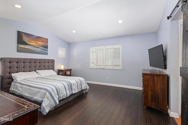 3328 Whispering Palms, Pico Rivera, CA 90660 - bedroom featuring a barn door, wood finished floors, lofted ceiling, and recessed lighting