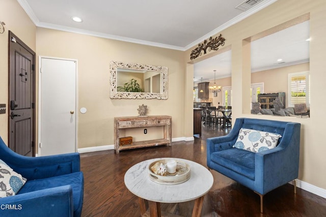 3328 Whispering Palms, Pico Rivera, CA 90660 - living area with wood finished floors, ornamental molding, a chandelier, and recessed lighting