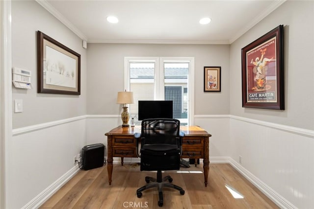 18310 Canon St, Devore, CA 92407 - office featuring light wood-style flooring, wainscoting, crown molding, and recessed lighting