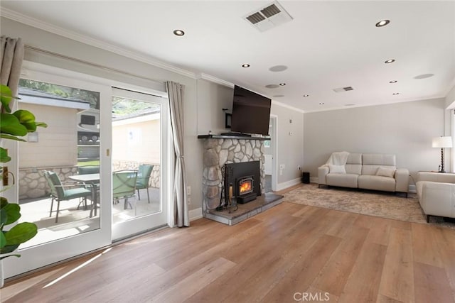 18310 Canon St, Devore, CA 92407 - living room featuring light wood-style floors, ornamental molding, and recessed lighting