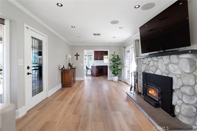 18310 Canon St, Devore, CA 92407 - unfurnished living room featuring light wood finished floors, ornamental molding, and recessed lighting
