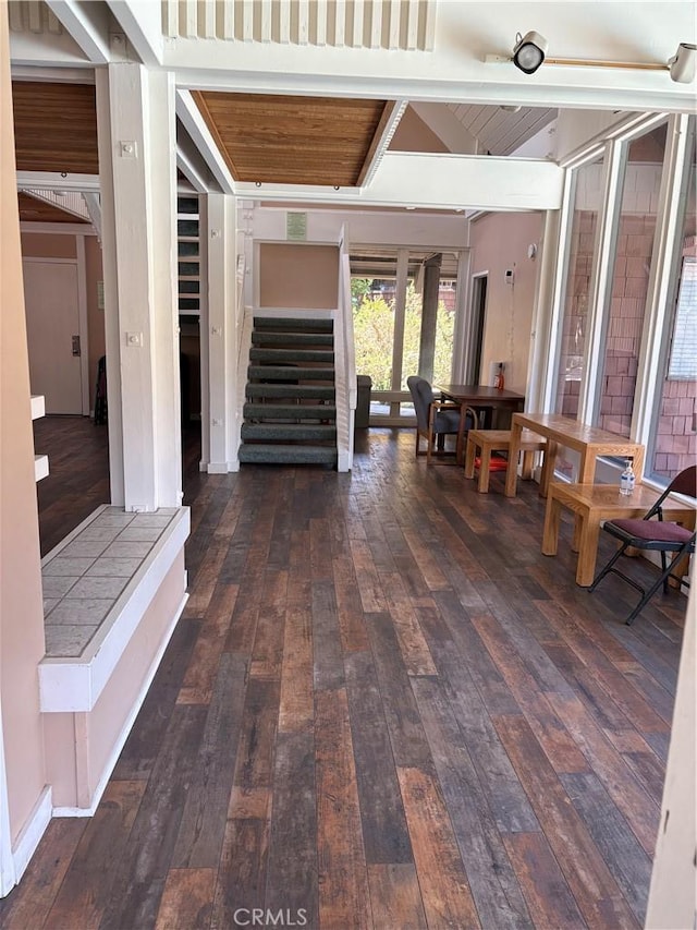 2727 Pine Creek Cir, Fullerton, CA 92835 - corridor featuring hardwood / wood-style flooring and a wooden ceiling with exposed beams