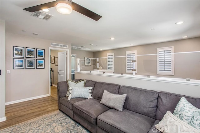 849 Half Moon Ave, Redlands, CA 92374 - living room featuring a ceiling fan, wood finished floors, and recessed lighting