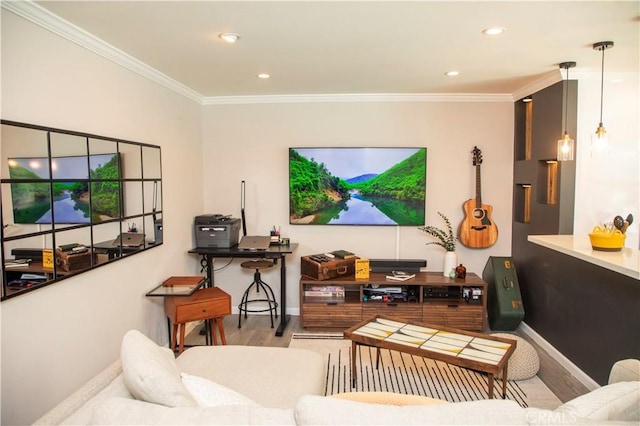 972 Larrabee St Unit 119, West Hollywood, CA 90069 - living area featuring wood finished floors, ornamental molding, and recessed lighting