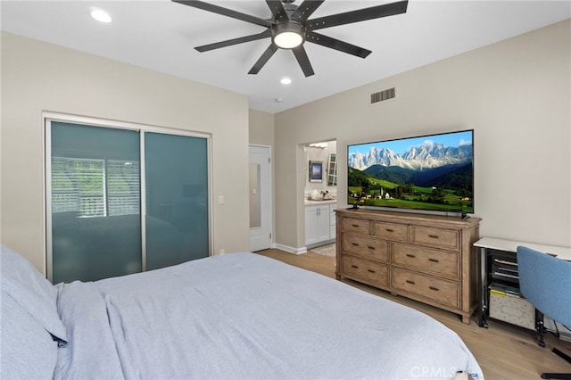 22 Brassie Ln, Coto De Caza, CA 92679 - bedroom featuring light wood finished floors, recessed lighting, a ceiling fan, and a closet