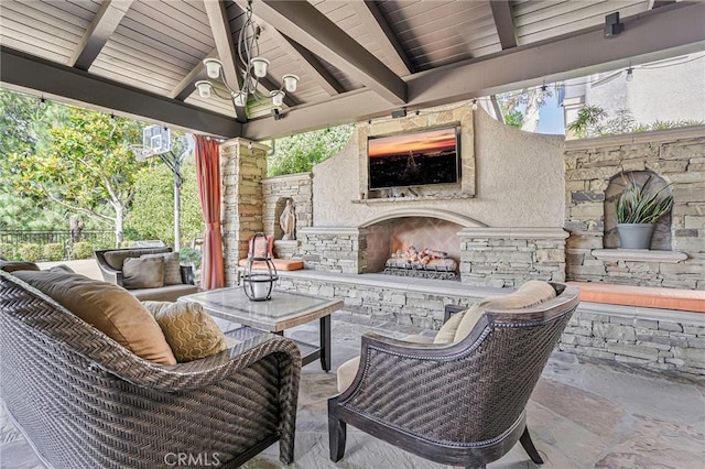 25291 Derbyhill Dr, Laguna Hills, CA 92653 - view of patio / terrace featuring an outdoor living space with a fireplace and ceiling fan