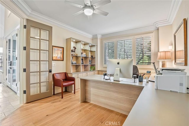 25291 Derbyhill Dr, Laguna Hills, CA 92653 - office area with ornamental molding, ceiling fan, french doors, and light wood-style floors
