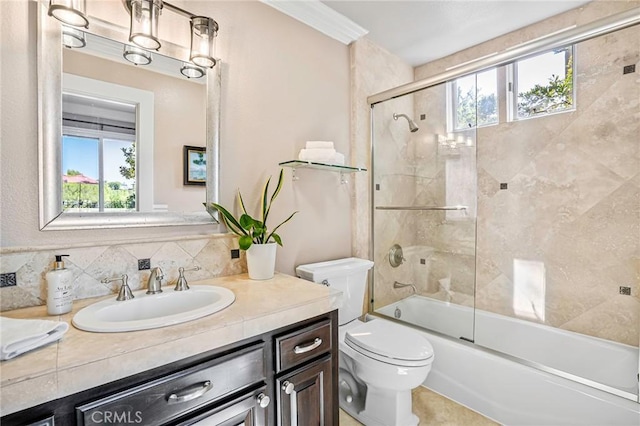 25291 Derbyhill Dr, Laguna Hills, CA 92653 - full bathroom featuring vanity, decorative backsplash, and combined bath / shower with glass door