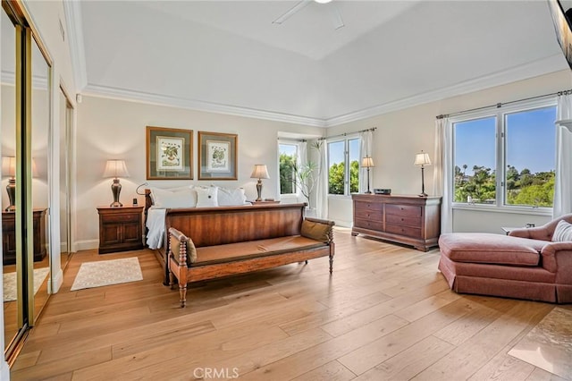 25291 Derbyhill Dr, Laguna Hills, CA 92653 - bedroom featuring multiple windows, light wood-style floors, crown molding, and ceiling fan