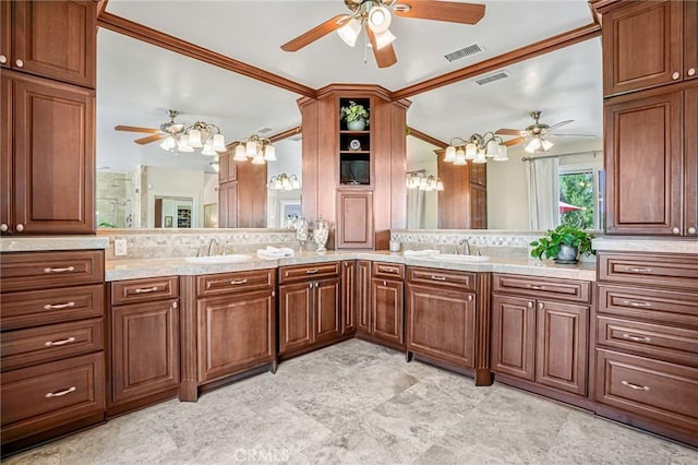 25291 Derbyhill Dr, Laguna Hills, CA 92653 - full bathroom featuring a ceiling fan, double vanity, and tasteful backsplash