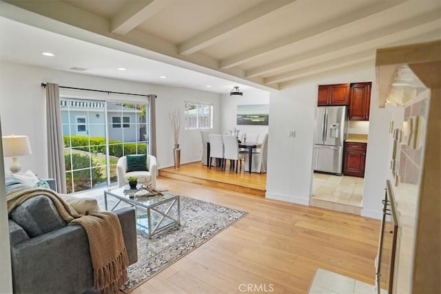 5525 Costello Ave, Sherman Oaks, CA 91401 - living room featuring light wood finished floors, beam ceiling, and recessed lighting