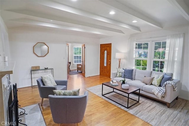 5525 Costello Ave, Sherman Oaks, CA 91401 - living area with wood finished floors, beamed ceiling, and recessed lighting