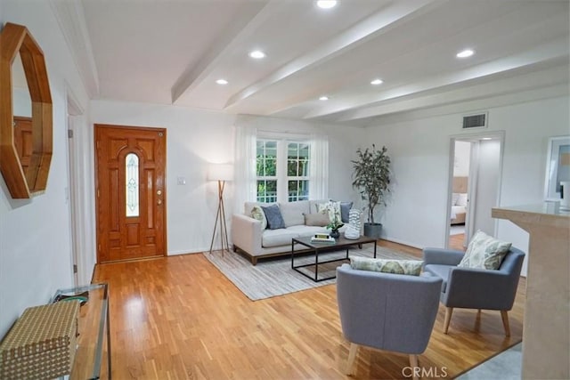5525 Costello Ave, Sherman Oaks, CA 91401 - living area with beamed ceiling, light wood-type flooring, and recessed lighting
