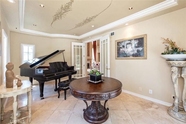 2 Shadow, Irvine, CA 92620 - living area with a raised ceiling, light tile patterned floors, ornamental molding, recessed lighting, and french doors