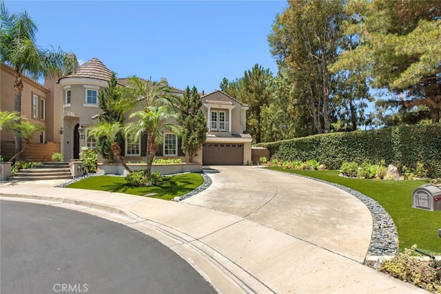2 Shadow, Irvine, CA 92620 - mediterranean / spanish home featuring an attached garage, stucco siding, driveway, a tiled roof, and a front yard