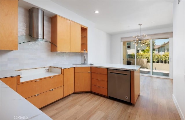 3 Longbourn Aisle, Irvine, CA 92603 - kitchen with wall chimney range hood, dishwasher, a peninsula, light wood finished floors, and recessed lighting