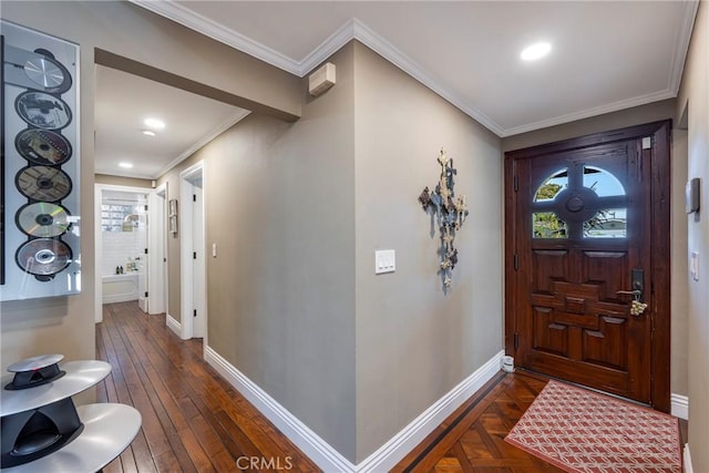 5837 Los Arcos Way, Buena Park, CA 90620 - foyer entrance featuring crown molding, recessed lighting, and dark wood-style flooring