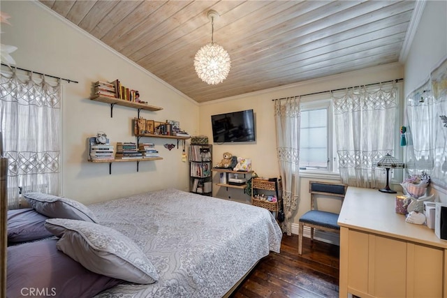 5837 Los Arcos Way, Buena Park, CA 90620 - bedroom with crown molding, a chandelier, dark wood-type flooring, multiple windows, and wooden ceiling