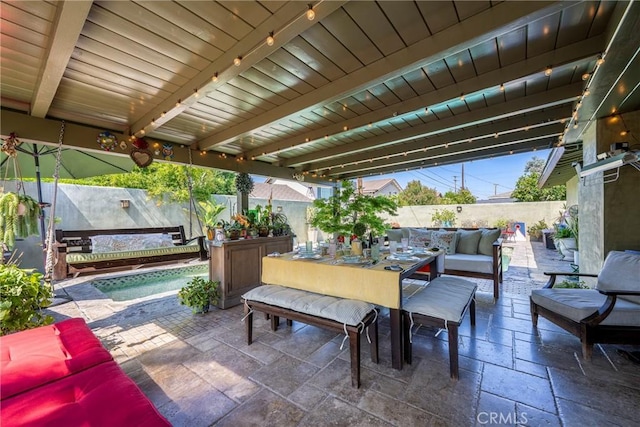 5837 Los Arcos Way, Buena Park, CA 90620 - fenced backyard with a patio area, an outdoor hangout area, and outdoor dining area