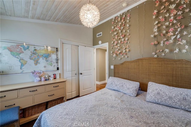 5837 Los Arcos Way, Buena Park, CA 90620 - bedroom with crown molding, a closet, a chandelier, and wooden ceiling