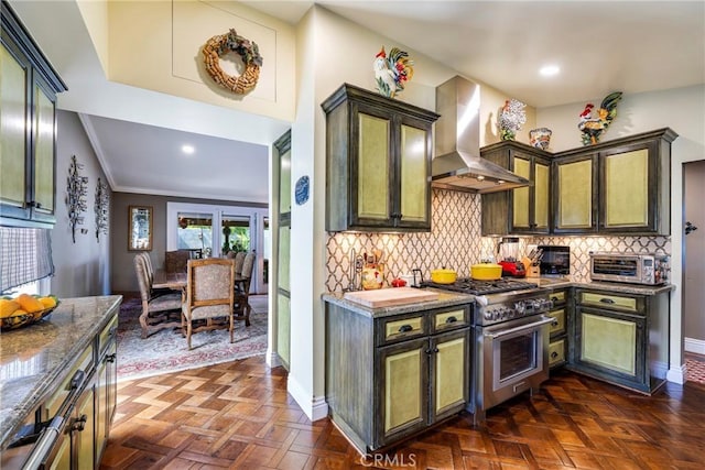 5837 Los Arcos Way, Buena Park, CA 90620 - kitchen with extractor fan, high end stainless steel range, tasteful backsplash, recessed lighting, and crown molding