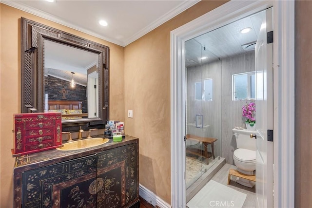 5837 Los Arcos Way, Buena Park, CA 90620 - bathroom featuring vanity, a stall shower, and crown molding