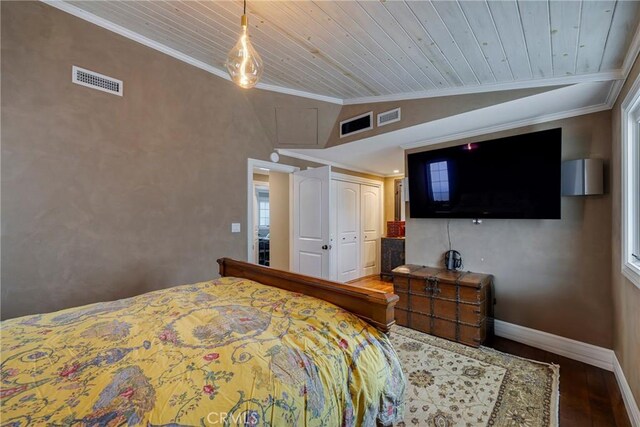 5837 Los Arcos Way, Buena Park, CA 90620 - bedroom with wooden ceiling, wood finished floors, ornamental molding, a closet, and lofted ceiling