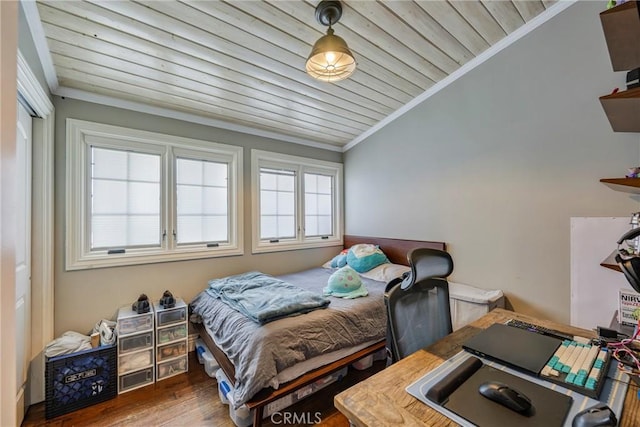 5837 Los Arcos Way, Buena Park, CA 90620 - bedroom featuring ornamental molding, vaulted ceiling, wood finished floors, and wood ceiling